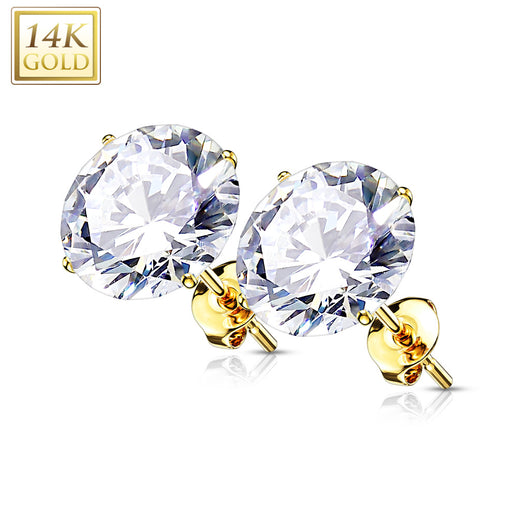 14K Solid Gold Ear Studs with Round Prong Set CZ Pair