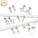 14K Solid Gold Ear Studs with Round Prong Set CZ Pair