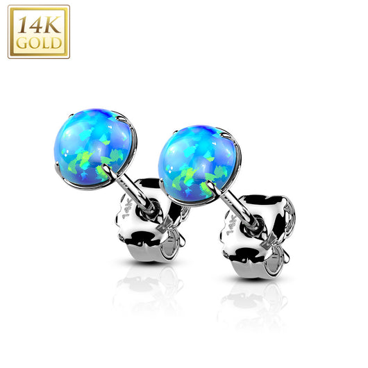 14K Solid Gold Ear Studs with Round Prong Set Opal Pair