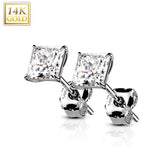 14K Solid Gold Ear Studs with Square Prong Set CZ Pair