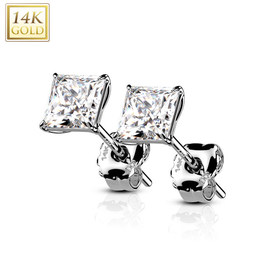 14K Solid Gold Ear Studs with Square Prong Set CZ Pair