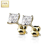 14K Solid Gold Ear Studs with Square Prong Set CZ Pair