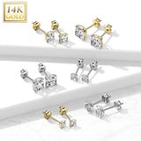 14K Solid Gold Ear Studs with Square Prong Set CZ Pair