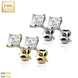 14K Solid Gold Ear Studs with Square Prong Set CZ Pair