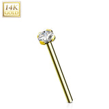 14K Solid Gold Prong CZ Fishtail Nose Pin Rings Stud 12mm