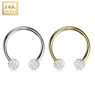 14K Solid Gold CZ Paved Balls Circular Barbell Horseshoe Nose Septum