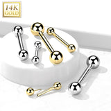 14K Solid Gold Threadless Push-In Barbells For Cartilage Tongue 16G