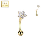 14K Solid Gold CZ Flower Threadless Push In Curved Eyebrow Barbell