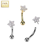 14K Solid Gold CZ Flower Threadless Push In Curved Eyebrow Barbell
