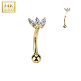 14K Solid Gold Marquise CZ Threadless Push In Curved Eyebrow Barbell