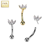 14K Solid Gold Marquise CZ Threadless Push In Curved Eyebrow Barbell