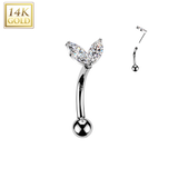 14K Solid Gold Threadless Push In Curved Eyebrow Barbell & CZ Sprout Top