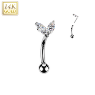 14K Solid Gold Threadless Push In Curved Eyebrow Barbell & CZ Sprout Top