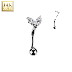 14K Solid Gold Threadless Push In Curved Eyebrow Barbell & CZ Sprout Top