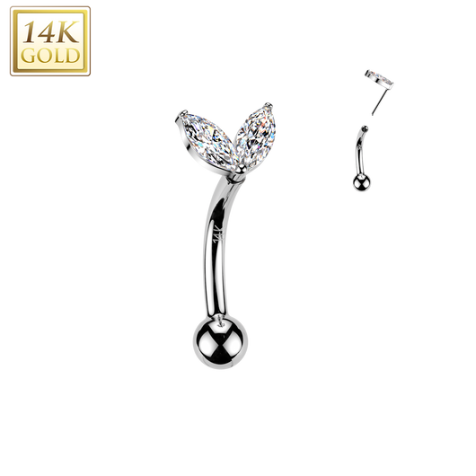 14K Solid Gold Threadless Push In Curved Eyebrow Barbell & CZ Sprout Top
