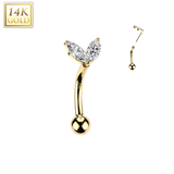 14K Solid Gold Threadless Push In Curved Eyebrow Barbell & CZ Sprout Top