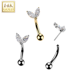 14K Solid Gold Threadless Push In Curved Eyebrow Barbell & CZ Sprout Top