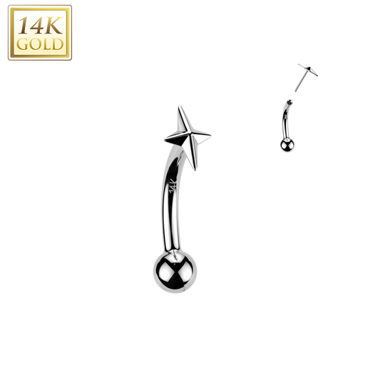 14K Solid Gold Threadless Push In Curved Eyebrow Barbell & Star Cross Top