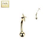 14K Solid Gold Threadless Push In Curved Eyebrow Barbell & Star Cross Top