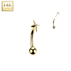 14K Solid Gold Threadless Push In Curved Eyebrow Barbell & Star Cross Top