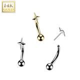 14K Solid Gold Threadless Push In Curved Eyebrow Barbell & Star Cross Top
