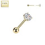 14K Solid Gold Cartilage CZ Top Threadless Push-In Barbell 18 Gauge