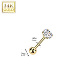 14K Solid Gold Cartilage CZ Top Threadless Push-In Barbell 18 Gauge