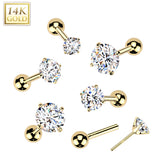 14K Solid Gold Cartilage CZ Top Threadless Push-In Barbell 18 Gauge