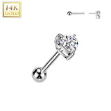 14K Solid Gold Cartilage Heart CZ Top Threadless Push-In Barbell 18G