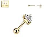 14K Solid Gold Cartilage Heart CZ Top Threadless Push-In Barbell 18G