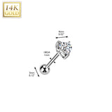 14K Solid Gold Cartilage Heart CZ Top Threadless Push-In Barbell 18G