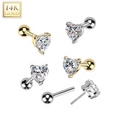 14K Solid Gold Cartilage Heart CZ Top Threadless Push-In Barbell 18G
