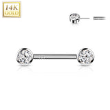 14K Solid Gold Threadless Nipple Barbells with Round CZ