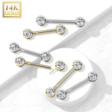 14K Solid Gold Threadless Nipple Barbells with Round CZ