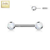 14K Solid Gold Threadless Nipple Barbells with Round Bezel Opals
