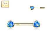 14K Solid Gold Threadless Nipple Barbells with Round Bezel Opals