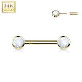 14K Solid Gold Threadless Nipple Barbells with Round Bezel Opals