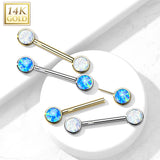 14K Solid Gold Threadless Nipple Barbells with Round Bezel Opals