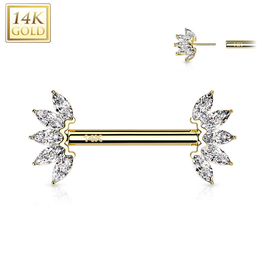 14K Solid Gold Threadless Nipple Barbells with Marquise CZ Set