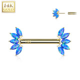 14K Solid Gold Threadless Nipple Barbells with Marquise Opal Set