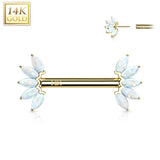 14K Solid Gold Threadless Nipple Barbells with Marquise Opal Set