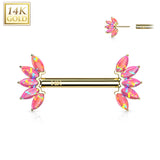 14K Solid Gold Threadless Nipple Barbells with Marquise Opal Set