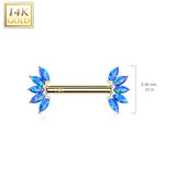 14K Solid Gold Threadless Nipple Barbells with Marquise Opal Set