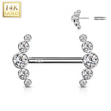 14K Solid Gold Threadless Nipple Barbells with Curve CZ Ends