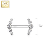 14K Solid Gold Threadless Nipple Barbells with Curve CZ Ends