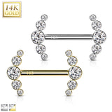 14K Solid Gold Threadless Nipple Barbells with Curve CZ Ends