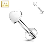 14K Solid Gold Flat Heart Top Threadless Push-In Labret for Cartilage Monroe