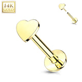 14K Solid Gold Flat Heart Top Threadless Push-In Labret for Cartilage Monroe