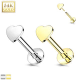 14K Solid Gold Flat Heart Top Threadless Push-In Labret for Cartilage Monroe
