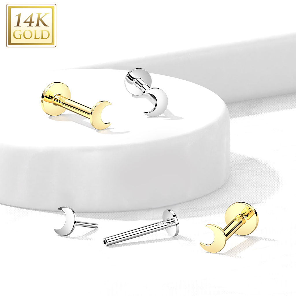 14K Solid Gold Flat Moon Top Threadless Push-In Labret for Cartilage M ...
